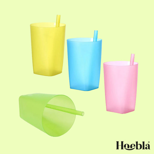 4 gekleurde open Rietjesbekers | Blauw, Roze, Groen, Geel