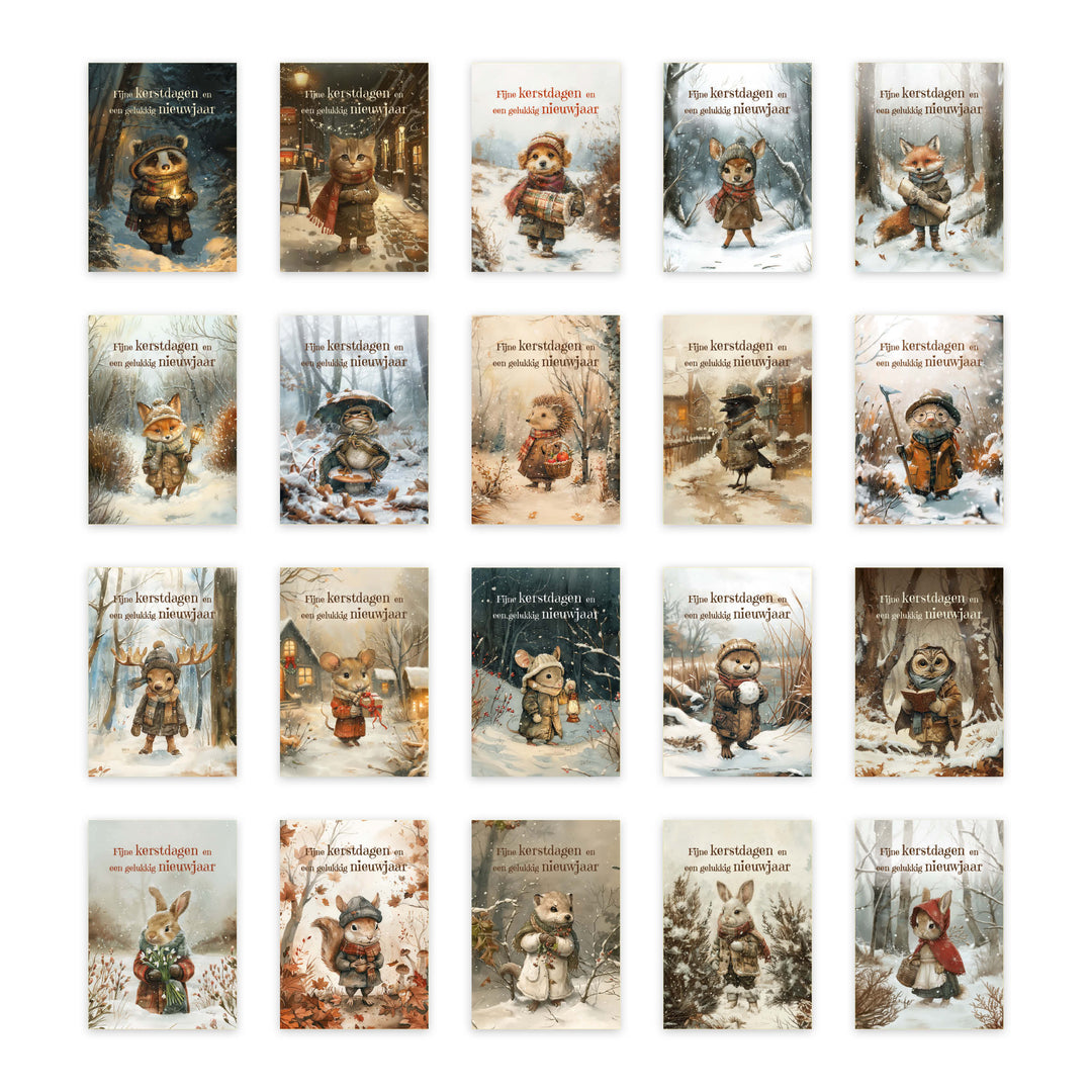 20x winterse kerstkaarten (A6) met enveloppen – 20 verschillende illustratiekaarten – 20 stuks – A6 formaat – beschrijfbare achterkant – Hoebla