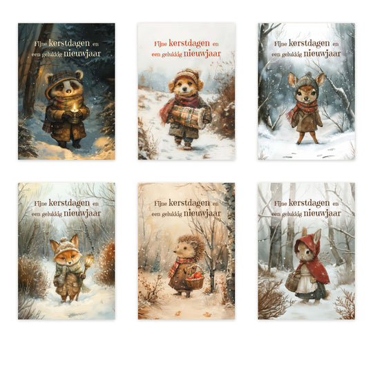 20x winterse kerstkaarten (A6) met enveloppen – 20 verschillende illustratiekaarten – 20 stuks – A6 formaat – beschrijfbare achterkant – Hoebla